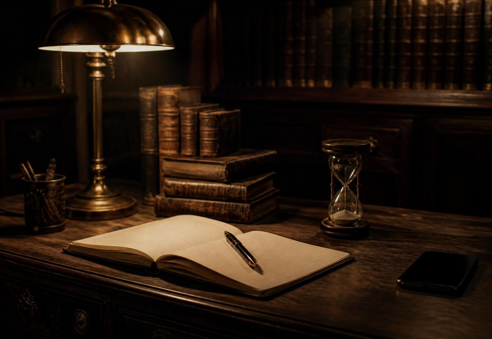 Escrivaninha antiga de biblioteca com luminária de latão, livros encadernados e um celular virado para baixo